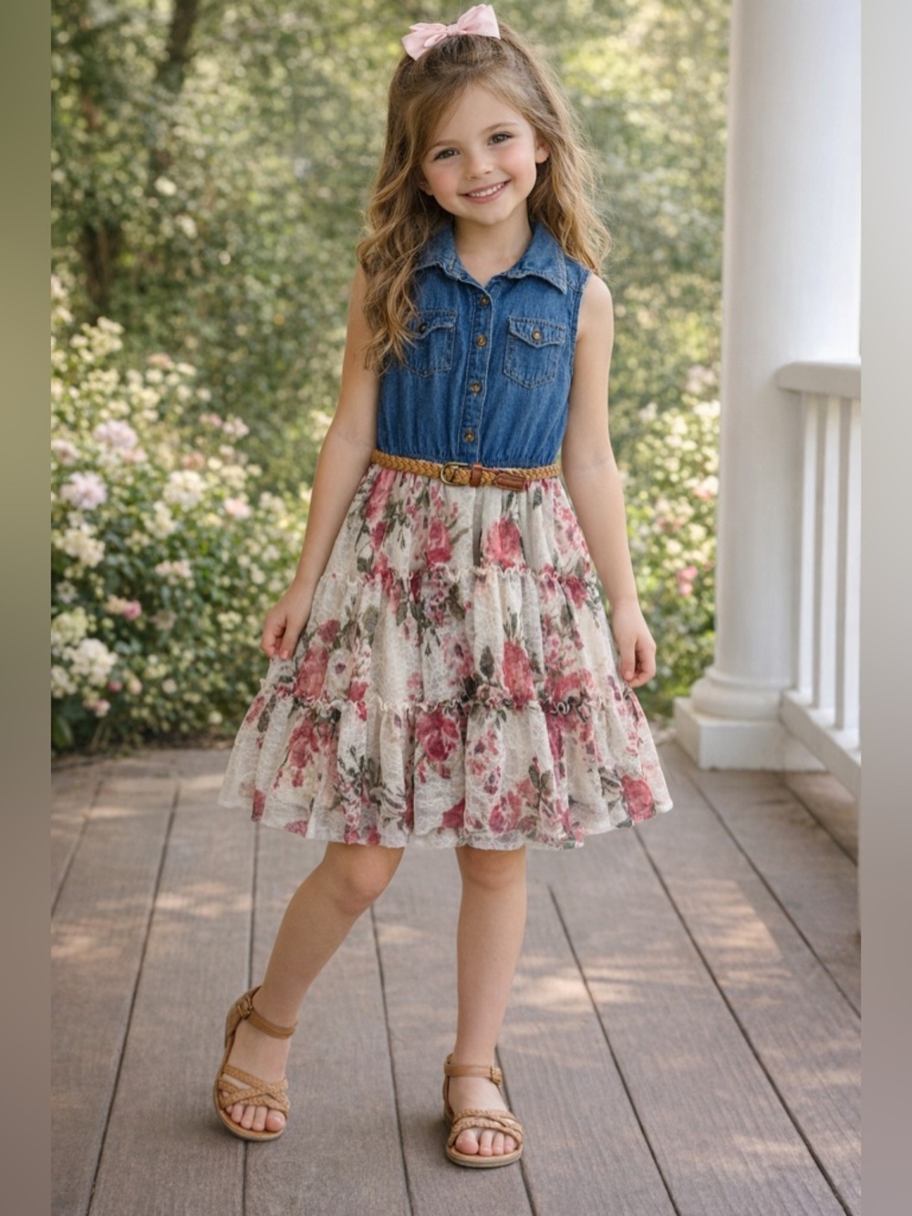 Zunie Girls Denim & Floral‎ Lace Tiered Dress with Belt | Size 7/8